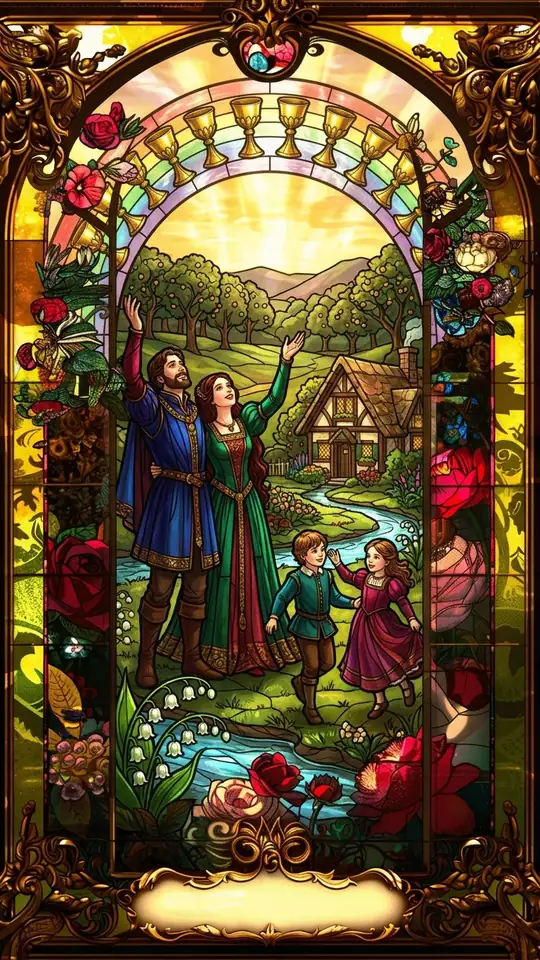 A couple stand with arms raised toward a rainbow of ten cups arching across the sky. Two children dance nearby, and a home sits by a stream.