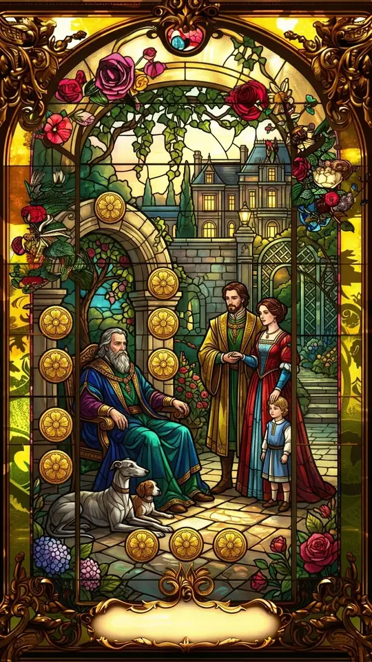 An old man sits by an archway with two dogs, while a couple and a child stand nearby. Ten pentacles are arranged across the scene, and a family estate rises behind.