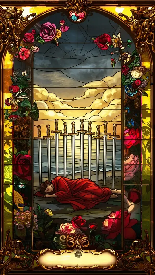 A figure lies face down beneath ten swords under a black sky. On the horizon, a band of golden dawn breaks over calm water.
