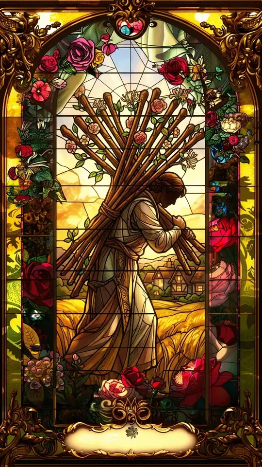 A man bends forward under the weight of ten wands held against his chest, walking toward a house in the distance. His view is blocked by the bundle he carries.