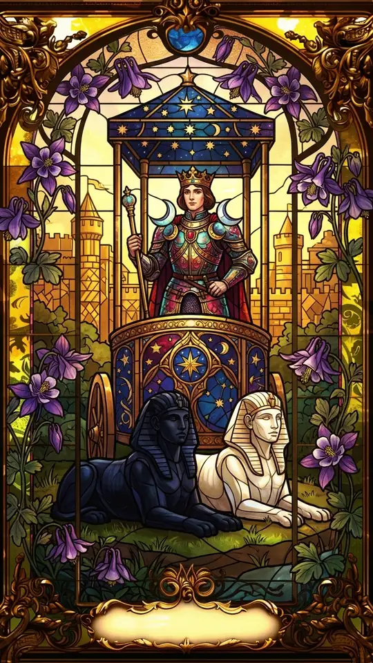 A crowned charioteer in armour stands in a canopied chariot decorated with stars, with a walled city behind. Two sphinxes, one black and one white, rest before the chariot with no visible reins. Crescent moons rest on the charioteer's shoulders.