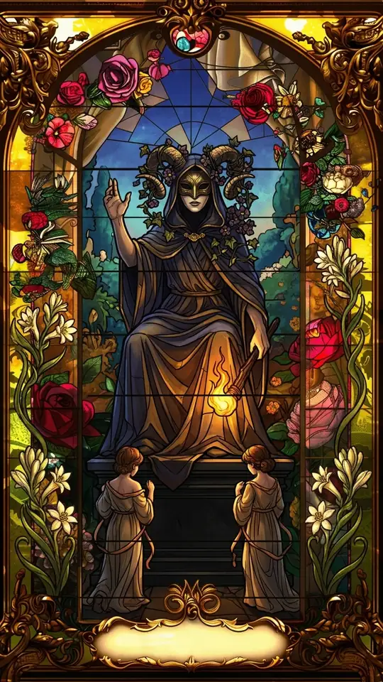A horned figure with bat wings sits on a dark pedestal, raising one hand and holding a lowered torch. Two small horned figures stand chained to the pedestal, yet the chains hang loosely around their necks.