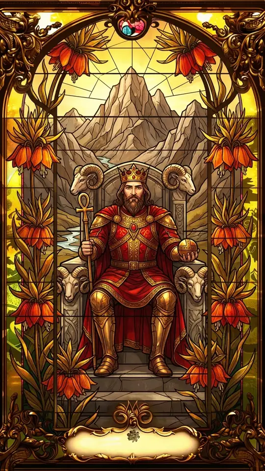 A bearded ruler in armour and a red robe sits on a stone throne carved with ram heads. He holds an ankh-topped sceptre in one hand and an orb in the other. Behind him rise bare, rocky mountains with a narrow stream at their foot.