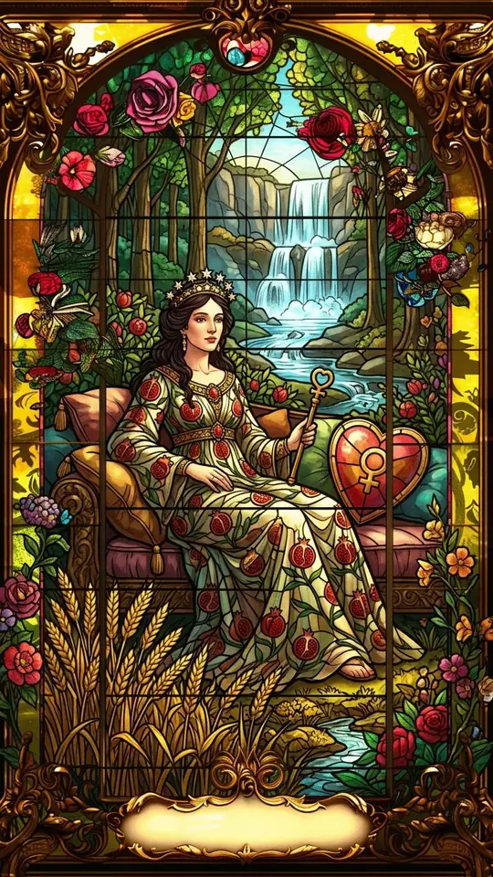 A crowned woman rests on cushions in a lush landscape, wearing a gown patterned with pomegranates and a crown of twelve stars. A heart-shaped shield bearing the symbol of Venus leans beside her, ripe wheat grows at her feet, and a stream falls through a forest behind her.