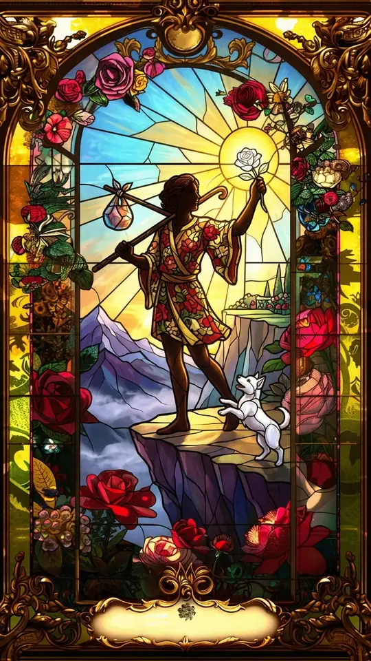 A young traveller in a bright patterned tunic steps toward the edge of a cliff, face lifted to the sky and a white rose in one hand. A small bundle hangs from a staff over one shoulder, and a little white dog leaps at their heels. Snowy peaks rise behind under a yellow sky with a white sun.