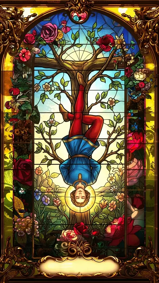 A man hangs upside down by one foot from a living T-shaped tree, his other leg bent behind the first. His hands are behind his back and his face is calm, with a golden halo around his head.