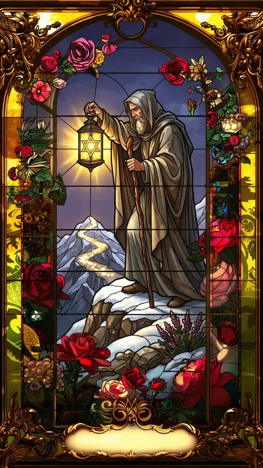 An old man in a grey cloak stands alone on a snowy peak, holding up a lantern containing a six-pointed star. He leans on a long staff and looks down, lighting the way for himself and anyone who follows.