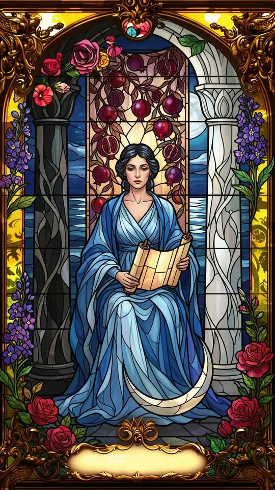 A calm woman in blue robes sits between a black pillar marked B and a white pillar marked J. She wears a crown shaped like the moon's phases, holds a partly hidden scroll marked TORA, and a crescent moon rests at her feet. A veil patterned with pomegranates hangs behind her, hinting at water beyond.