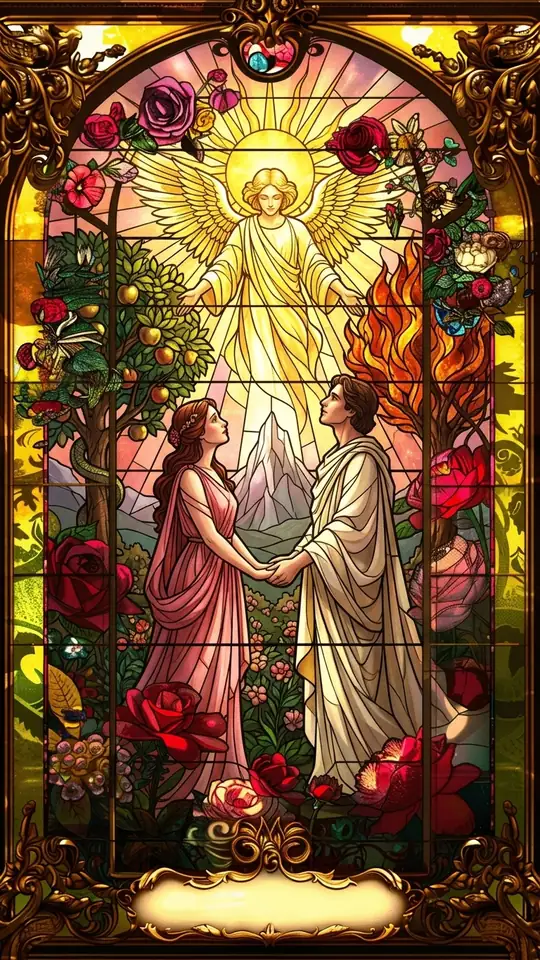 A man and a woman stand unclothed in a garden beneath a great winged angel who blesses them from a radiant sun. Behind the woman grows a fruit tree with a serpent coiled around it, and behind the man a tree of flames. A tall mountain rises between them.