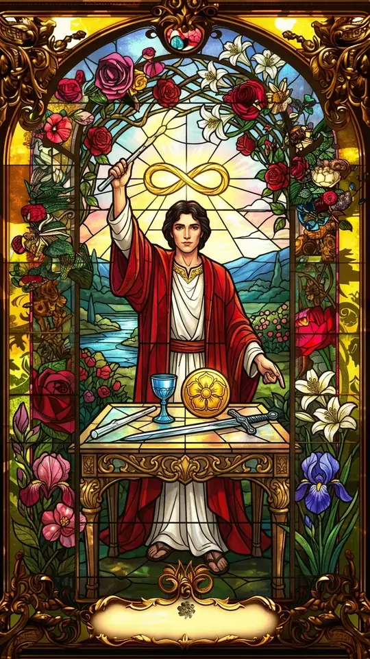 A figure in a white inner robe and red outer cloak stands behind a table, one hand raising a wand toward the sky and the other pointing to the earth. On the table lie a cup, a sword, a pentacle and a wand. An infinity sign floats above the head, and roses and lilies grow around the scene.