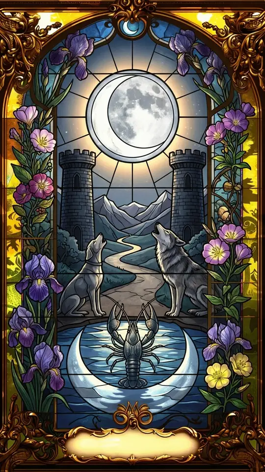 A full moon with a face shines between two towers above a winding path. A dog and a wolf howl at the moon, and a crayfish crawls from a pool in the foreground. The path winds toward distant mountains.