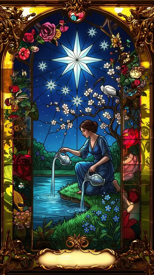 A kneeling woman pours water from two jugs, one into a pool and one onto the land. A large eight-pointed star shines above her, surrounded by seven smaller stars. A bird perches in a tree behind her.