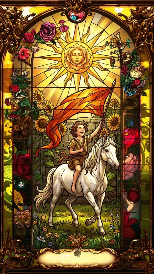 A radiant sun with a face shines over a garden wall lined with sunflowers. A joyful child rides a white horse, arms outstretched, holding a red banner. The scene is filled with warmth and light.