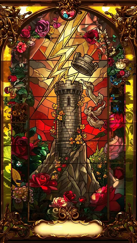 A tall tower on a rocky peak is struck by lightning, and its crown-shaped top is knocked away. Flames burst from the windows and two figures fall through the dark sky, surrounded by falling sparks shaped like small flames.