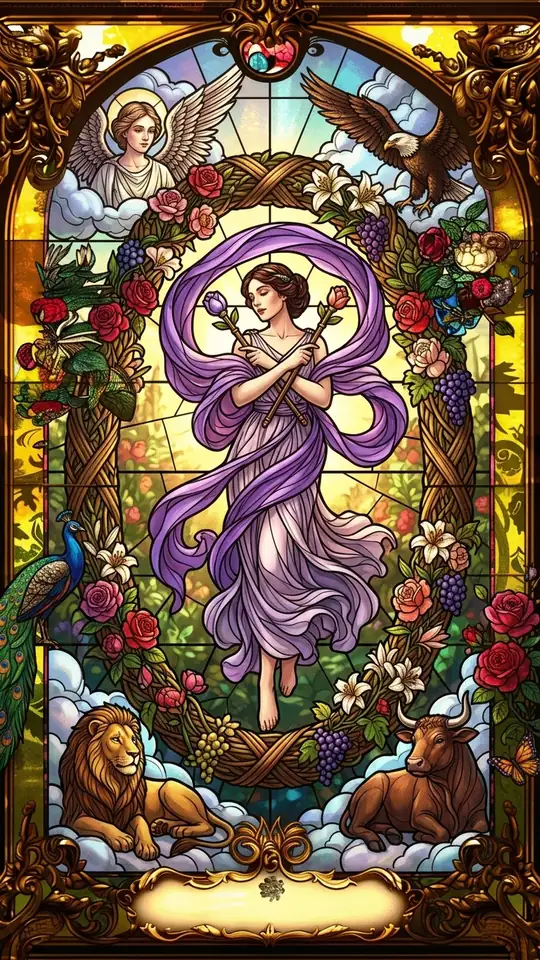 A dancing figure wrapped in a purple sash holds a wand in each hand and floats within a large oval laurel wreath tied with red ribbons. In the four corners are a lion, a bull, an eagle and a human face.