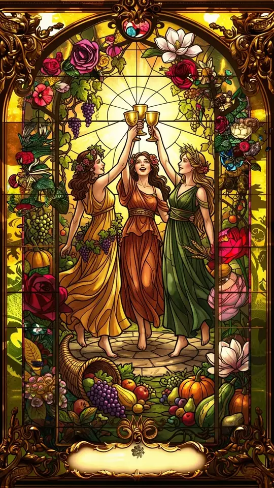 Three women raise their cups together in a joyful dance in a garden. Fruit and gourds from the harvest lie at their feet.