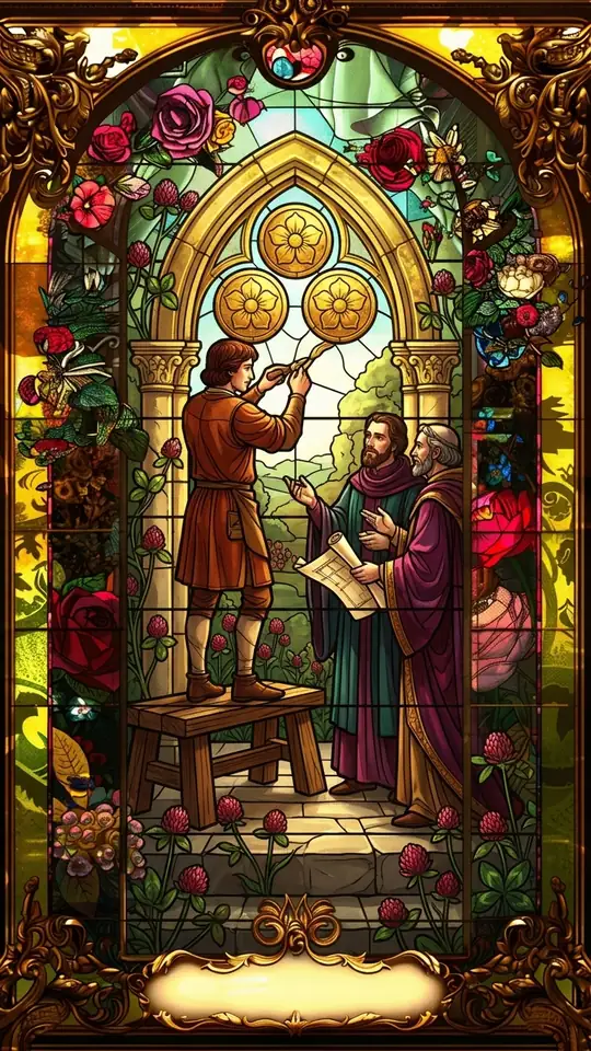 A craftsman stands on a bench carving a stone archway where three pentacles are set, while two robed figures hold plans and discuss the work with him.