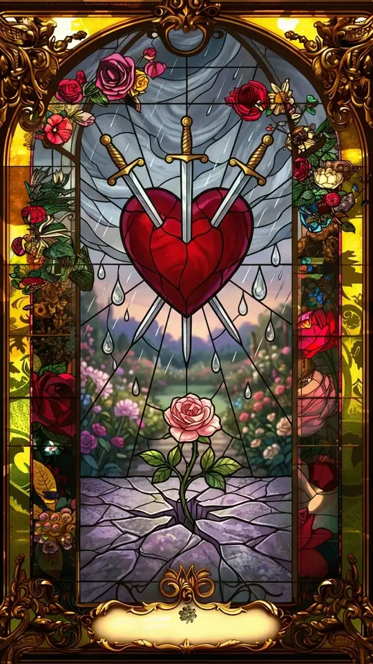 A red heart hangs in the air, pierced by three swords, beneath grey clouds and falling rain.