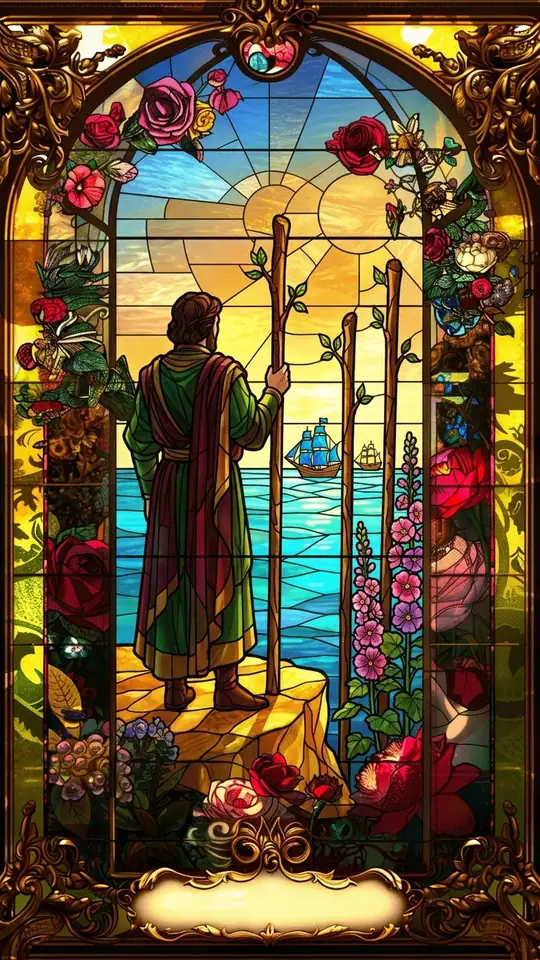 A figure stands on a clifftop with his back to us, leaning on one of three planted wands and watching ships sail across a golden sea. The scene suggests looking out to see how ventures already launched are faring.