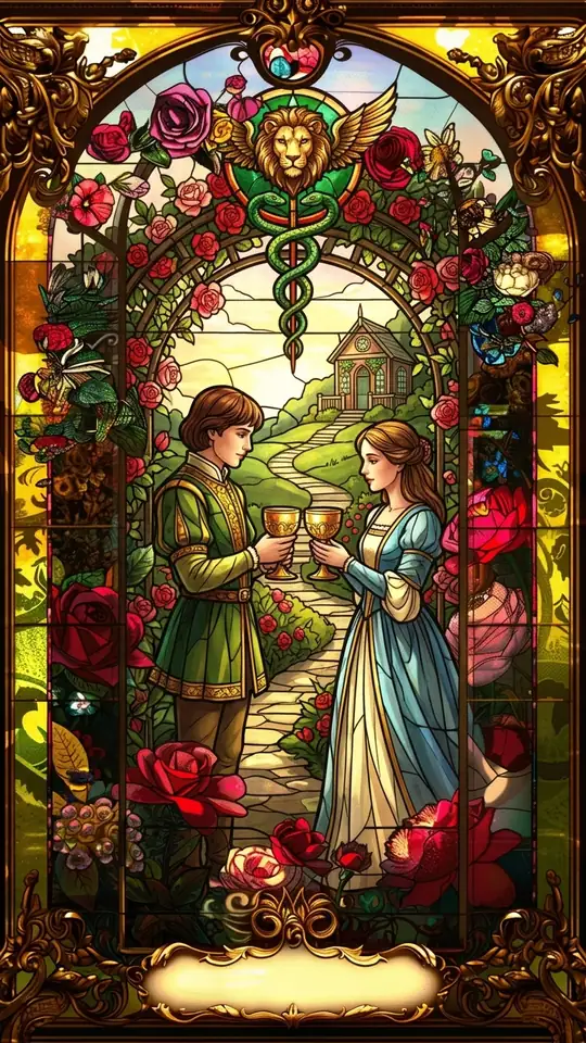 A young man and woman face each other and exchange cups. Between them rises a caduceus topped by a winged lion head, with a house on a hill behind them.