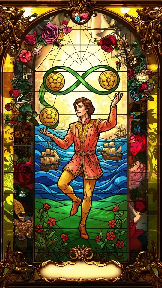 A young man dances as he juggles two pentacles linked by a looping ribbon shaped like the sign of infinity. Behind him ships ride high, rolling waves.