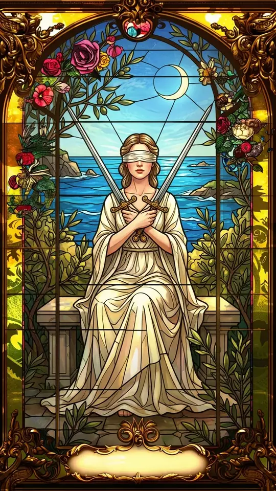 A blindfolded woman in a white robe sits on a stone bench with two swords crossed over her chest. Behind her lies a calm sea dotted with rocks, under a crescent moon.