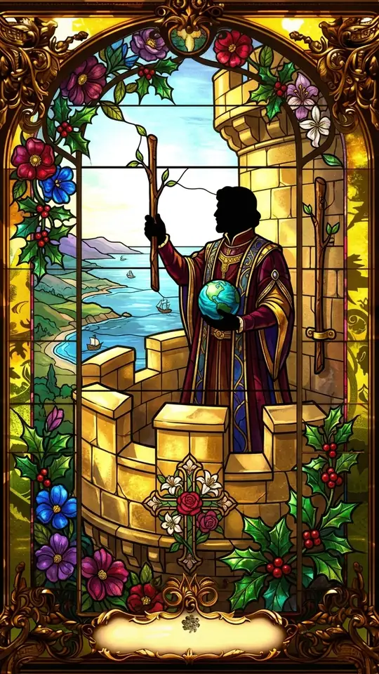 A man in rich clothing stands on a castle battlement holding a small globe in one hand and a wand in the other, while a second wand is fixed to the wall beside him. He looks out over land and sea, and a cross of roses and lilies decorates the stonework.