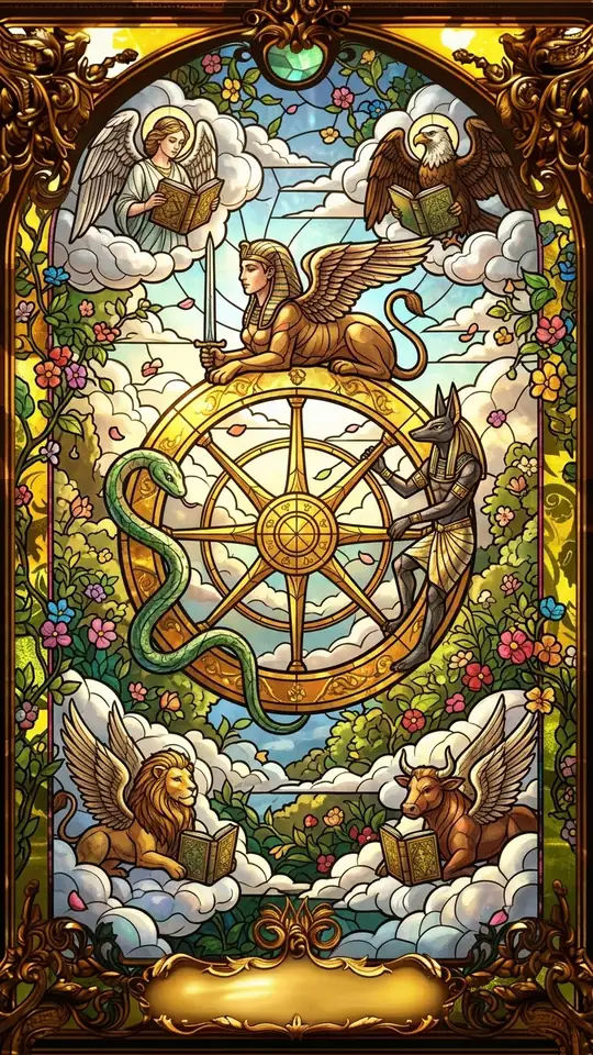 A great golden wheel marked with letters and alchemical symbols turns in the sky among clouds. A sphinx with a sword sits on top, a snake descends on one side and a jackal-headed figure rises on the other. In each corner a winged creature reads a book.