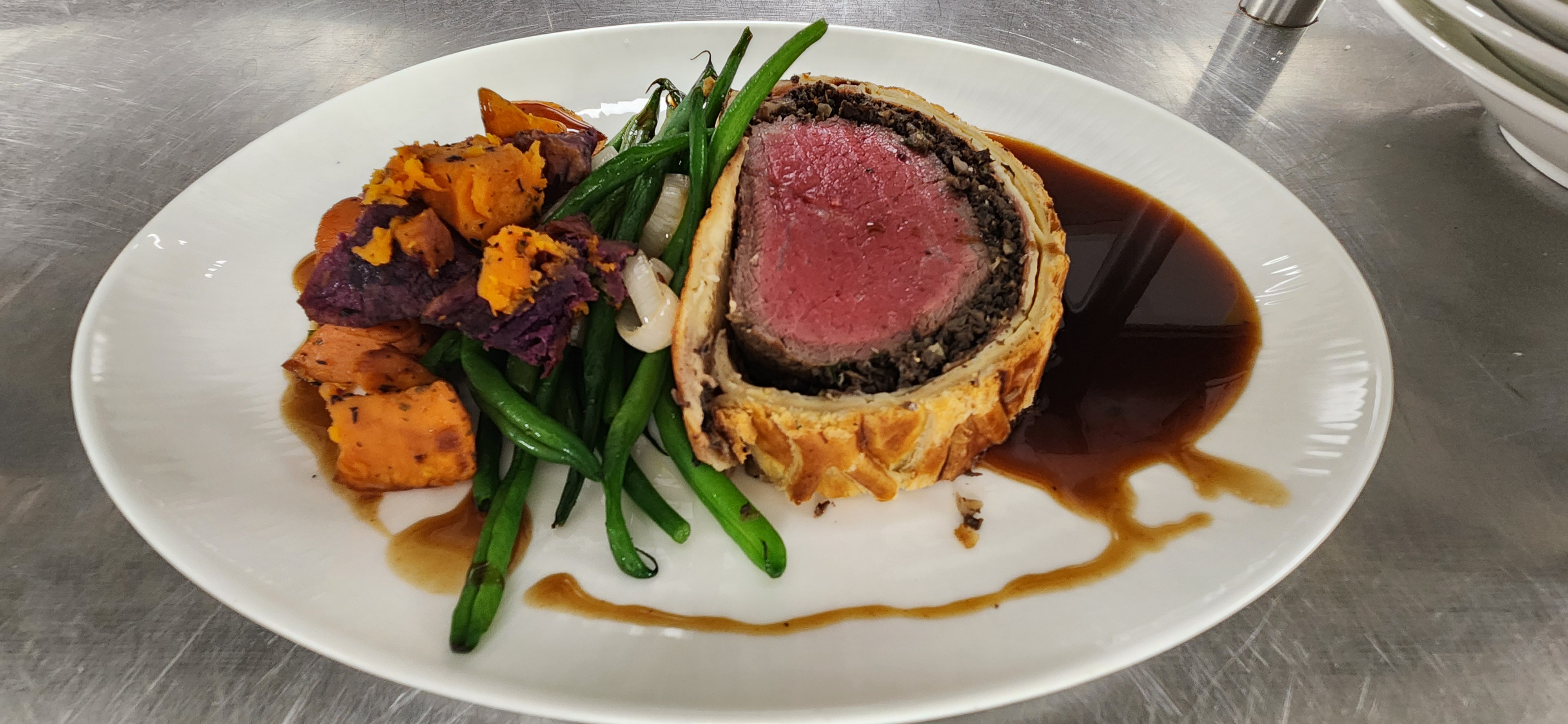 Beef Wellington - Roasted Sweet Potato, Haricot Vert, Pearl Onion, Burgundy Demi Glace by The Chef
