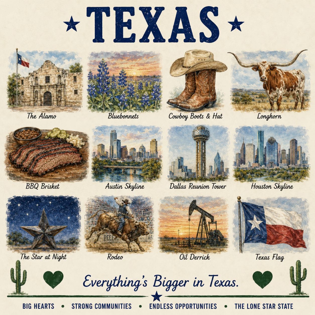 A visual tribute to the untamed spirit of Texas, evoking wide-open skies, desert mesas, and the warm glow of a backyard post oak fire.