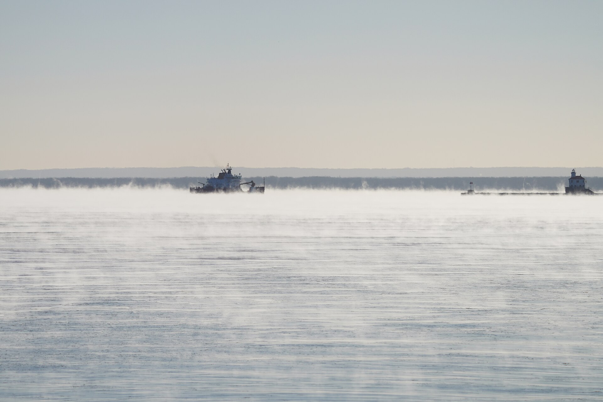We spotted this U.S. Coast Guard cutter on Lake Superior. Sea smoke can be seen on frigid days when the air is colder than the water.Photo by Courtney Celley/USFWS.