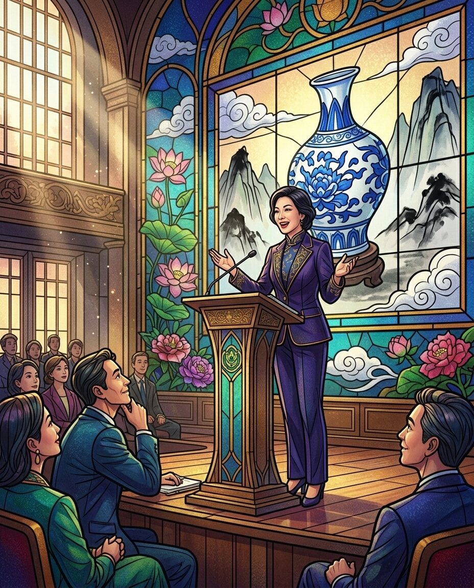 The bright lights of the lectern always feel a world away from the quiet, ink-stained air of a studio in Jingdezhen.