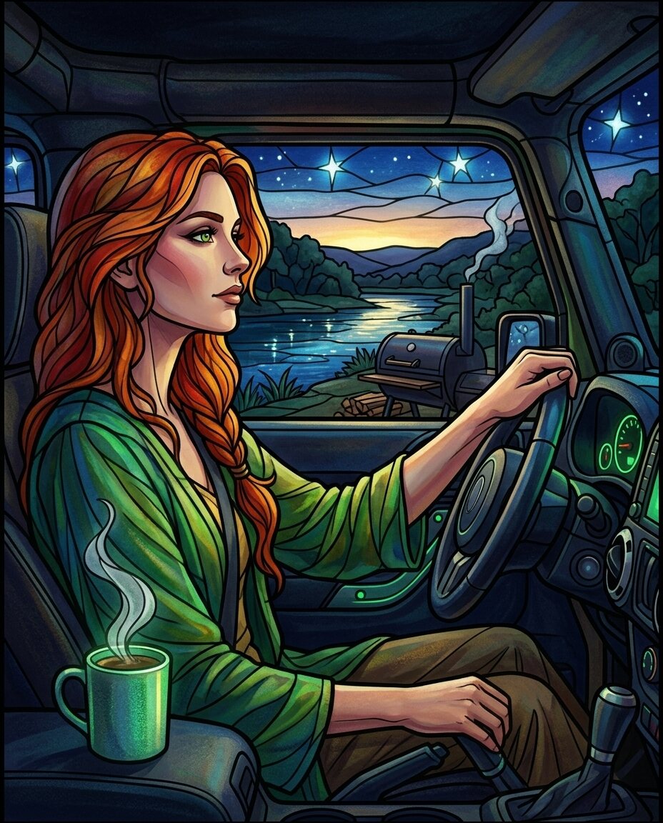 The dash lights in my Jeep are glowing soft and green, just enough to see the steam rising off my mug while the rest of the world is still tucked in.