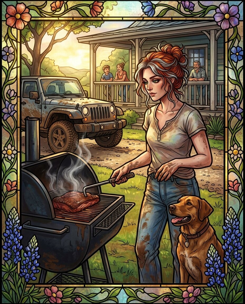 The Jeep is lookin' more mud than metal after those backroad puddles today, and my hair is a wild nest of red and silver from the wind.