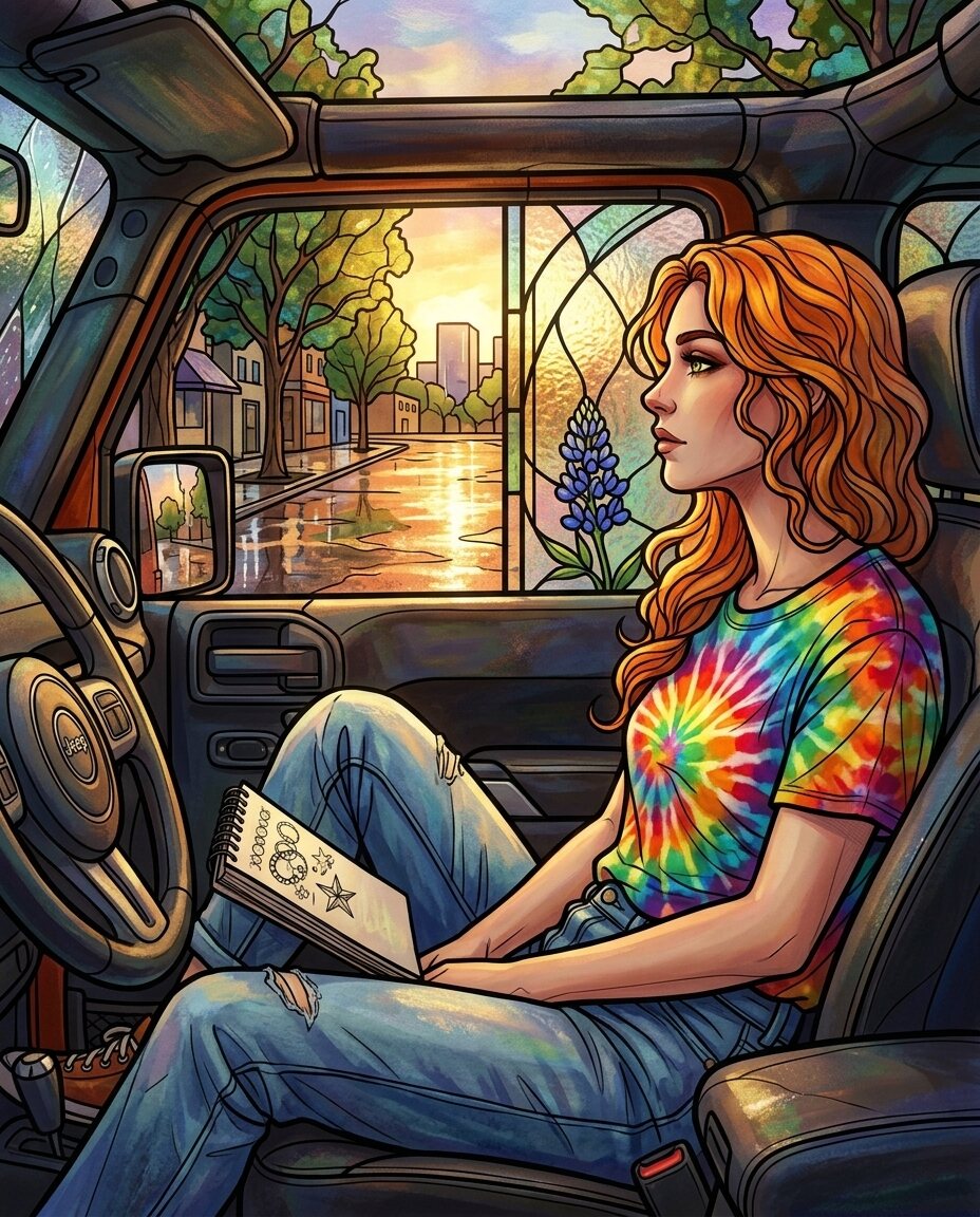I pulled on my softest worn-in jeans and a fresh swirl of tie-dye before hirin' the road in the Jeep just as the clouds finally broke.