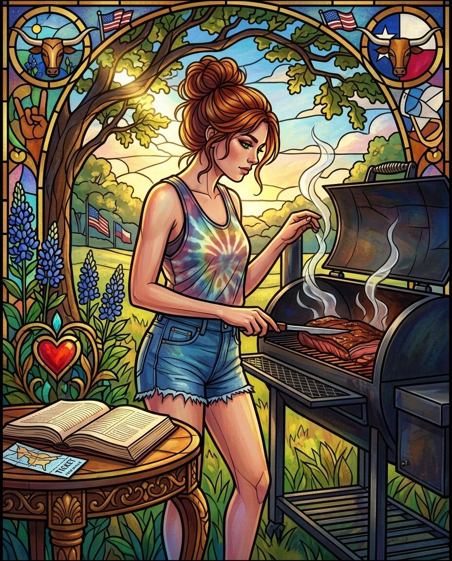The hickory smoke is driftin' heavy through the yard today, and I've got my hair piled high in a messy bun just to keep it out of the heat.