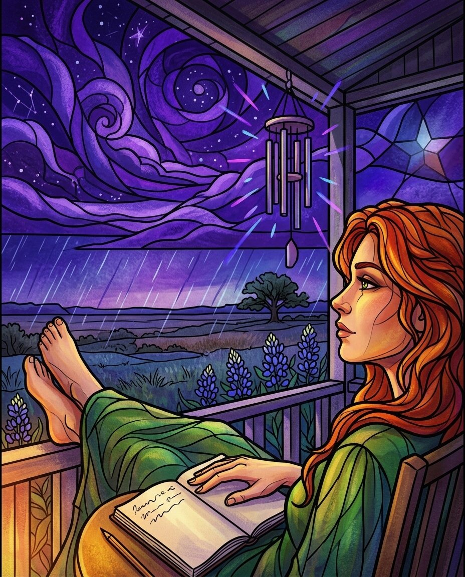 The wind is pickin' up enough to rattle the porch chimes, and it feels like a storm’s rollin’ in across the brush.