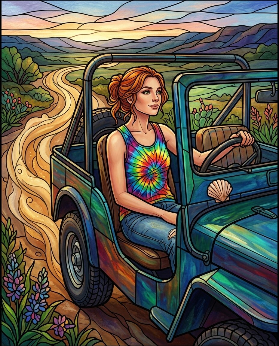 The dust is kickin' up behind the Jeep like a trail of memories, and I’ve got the music turned up just loud enough to drown out the worry.
