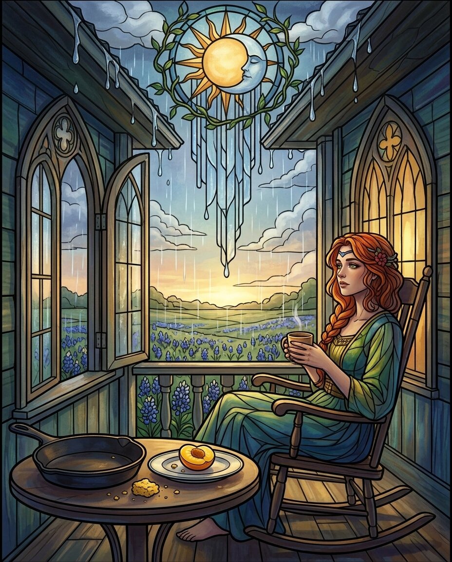 There is a holy kind of hush that falls over the porch when the rain finally decides to show up and stay a while.