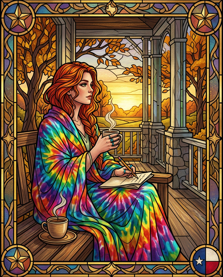 Tucked myself into my favorite tie-dye throw out on the porch this morning, just watching the trees finally put on their gold and burnt orange.