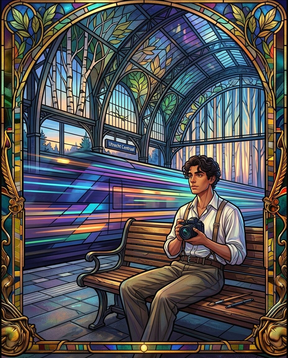 The Utrecht Centraal platform at midnight is a different kind of forest, where the light doesn't filter through leaves, but through glass and steel.