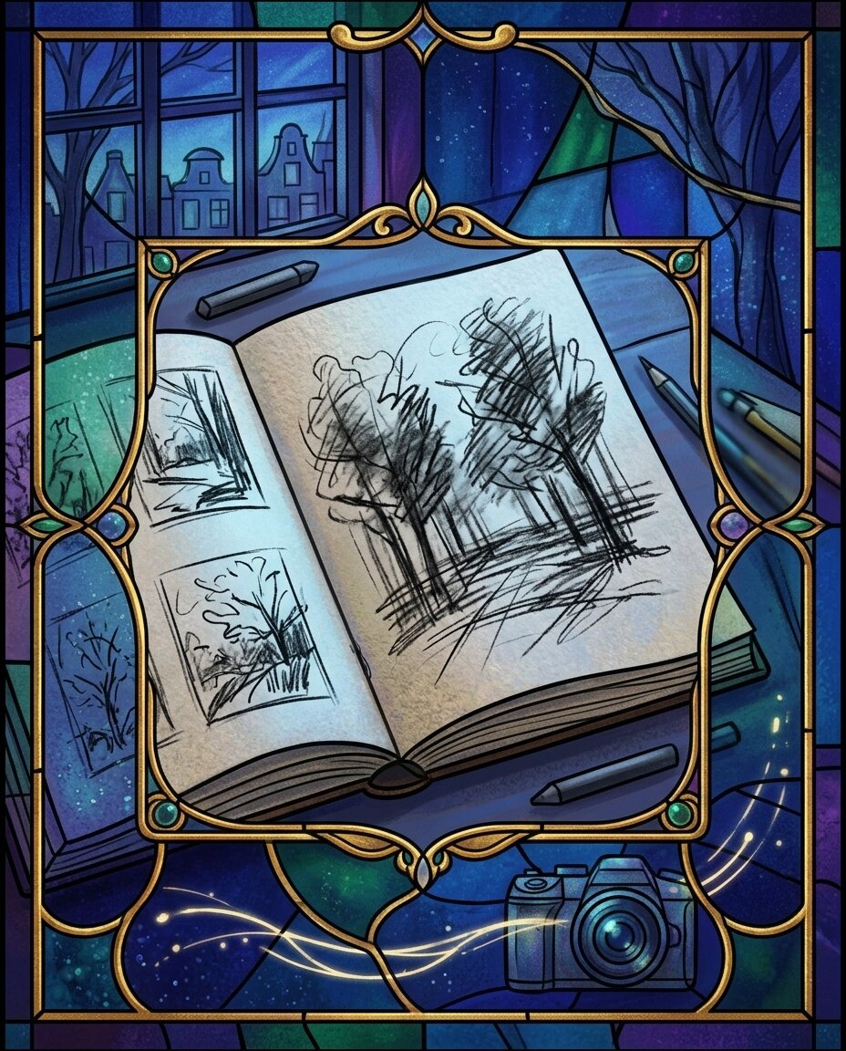 The blue evening light is stretching across my desk, turning a simple sketchbook page into a landscape of its own.