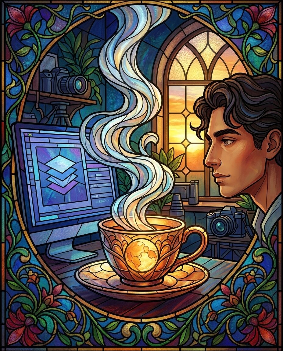 The steam from this tea is doing something Vermeer would have understood—it is softening the hard edges of my digital screen.