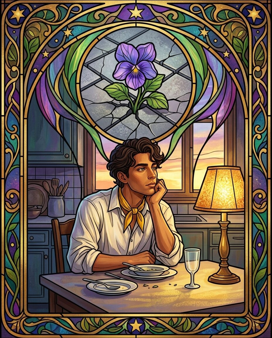 The kitchen is quiet, the lamp is low, and I cannot stop thinking about a tiny violet I saw today.