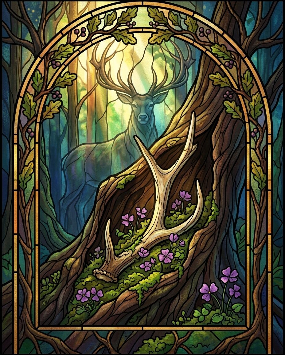 I found a fragment of sun-bleached antler today, wedged deep within the hollow of the Great Oak.