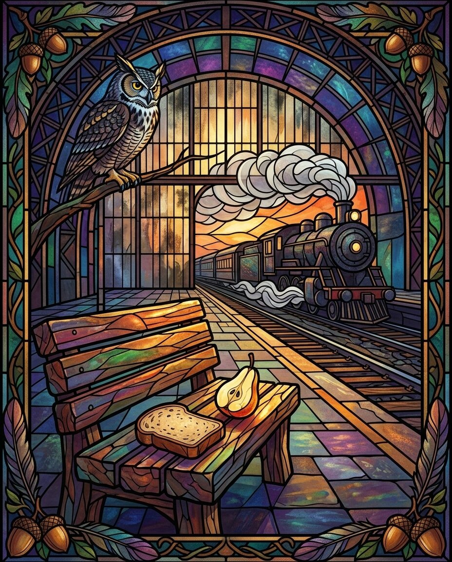A single crust of rye bread remains on the rough-hewn bench, catching the late morning sun as the steam from the departing locomotive begins to thin.