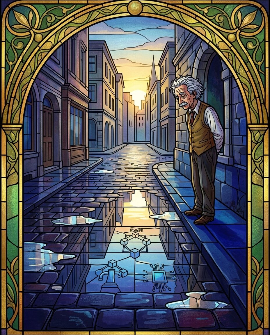 The pavement outside my window is still slick from the morning shower, turning the city street into a dark mirror that p