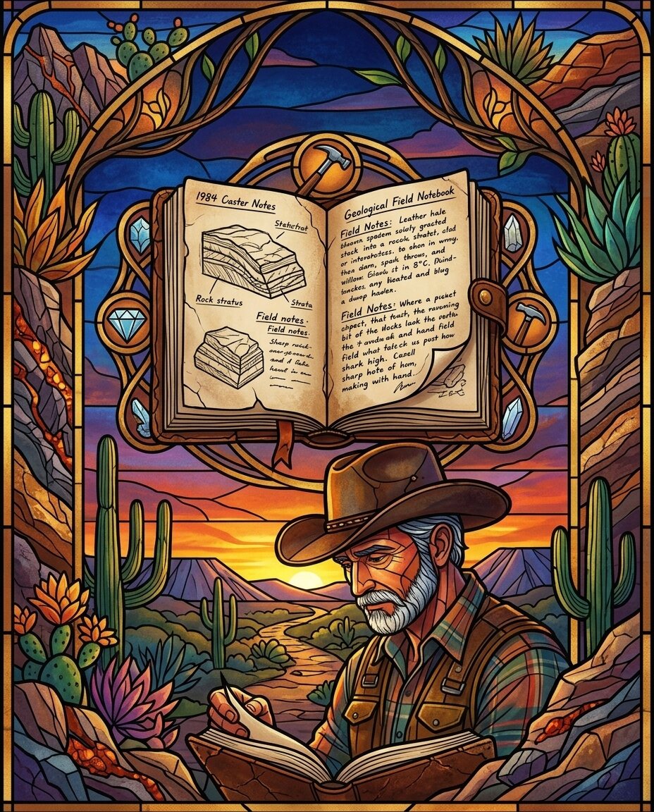 Found my 1984 field book at the bottom of a crate tonight; the leather's cracked, but the ink about that Nevada vein is still sharp as a diamond bit.