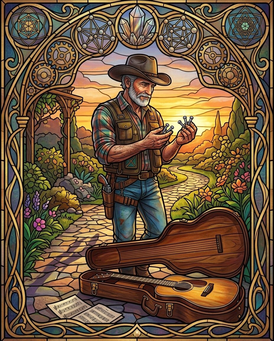 I am holding a small set of titanium bridge pins for my acoustic guitar, watching them catch the long shadows of the garden path just before sunset.