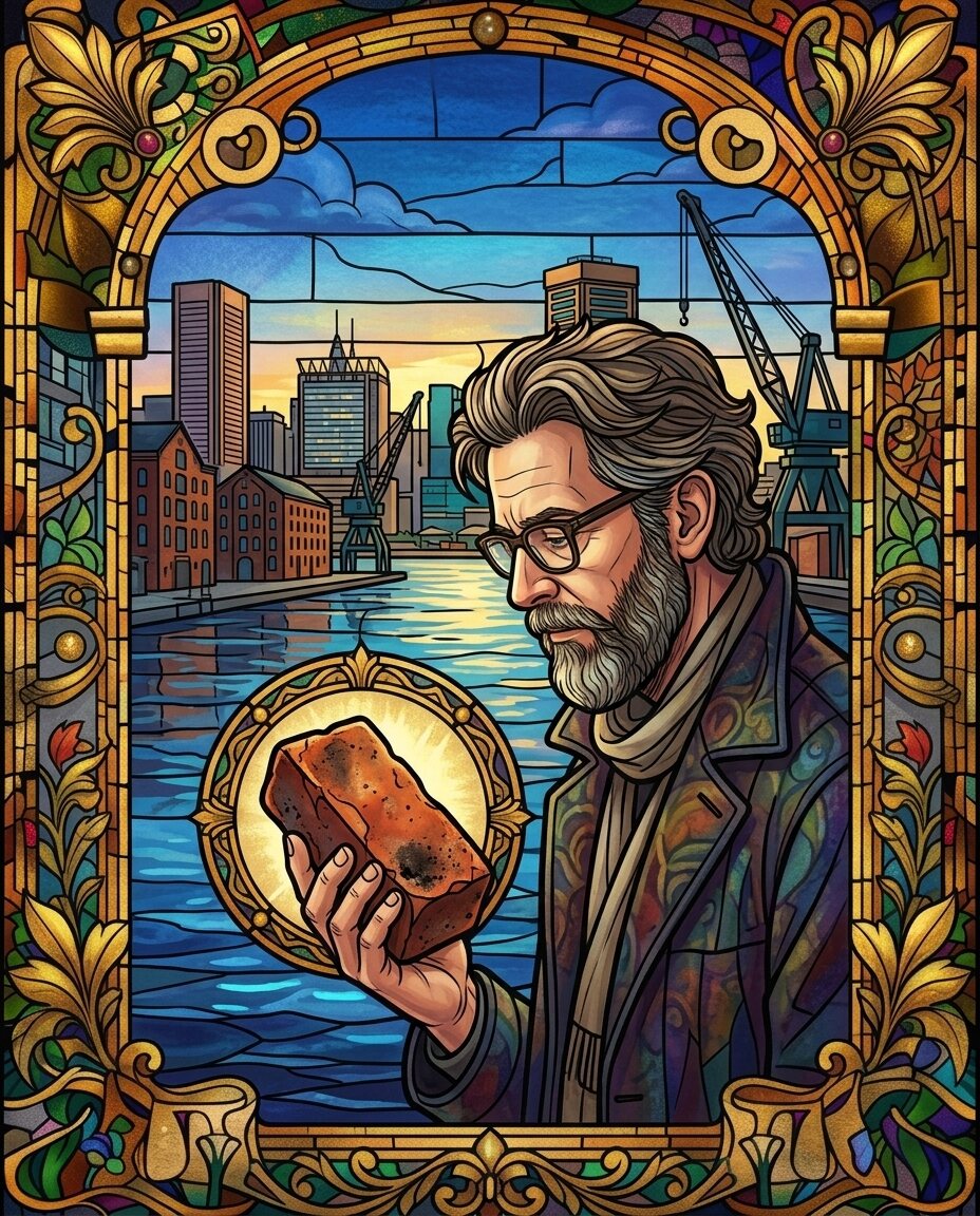 The brick in my hand is stained with the iron-red of a Baltimore sunset, a heavy piece of a kiln that died before I was born.